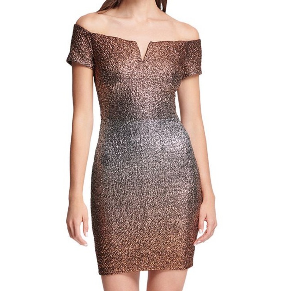Guess mini dress off the shoulder bodycon ombré metallic‎ bronze gold silver